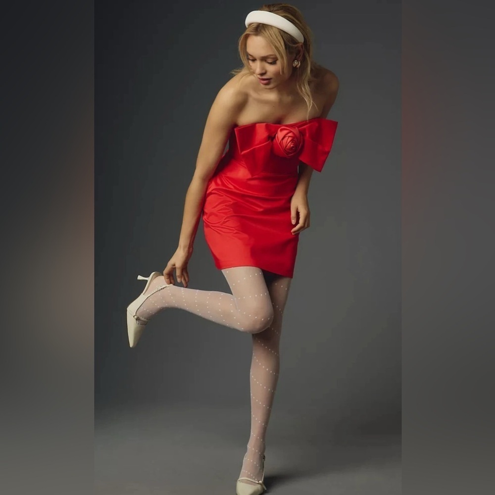NWT Anthropologie Hutch 3D Rosette Strapless Mini Dress S Red Bow Cocktail $198